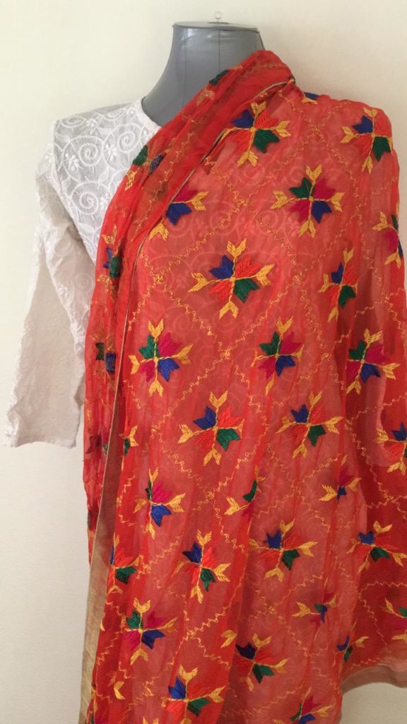 Phulkari Dupatta Light Embroidery Wine Red Pankha