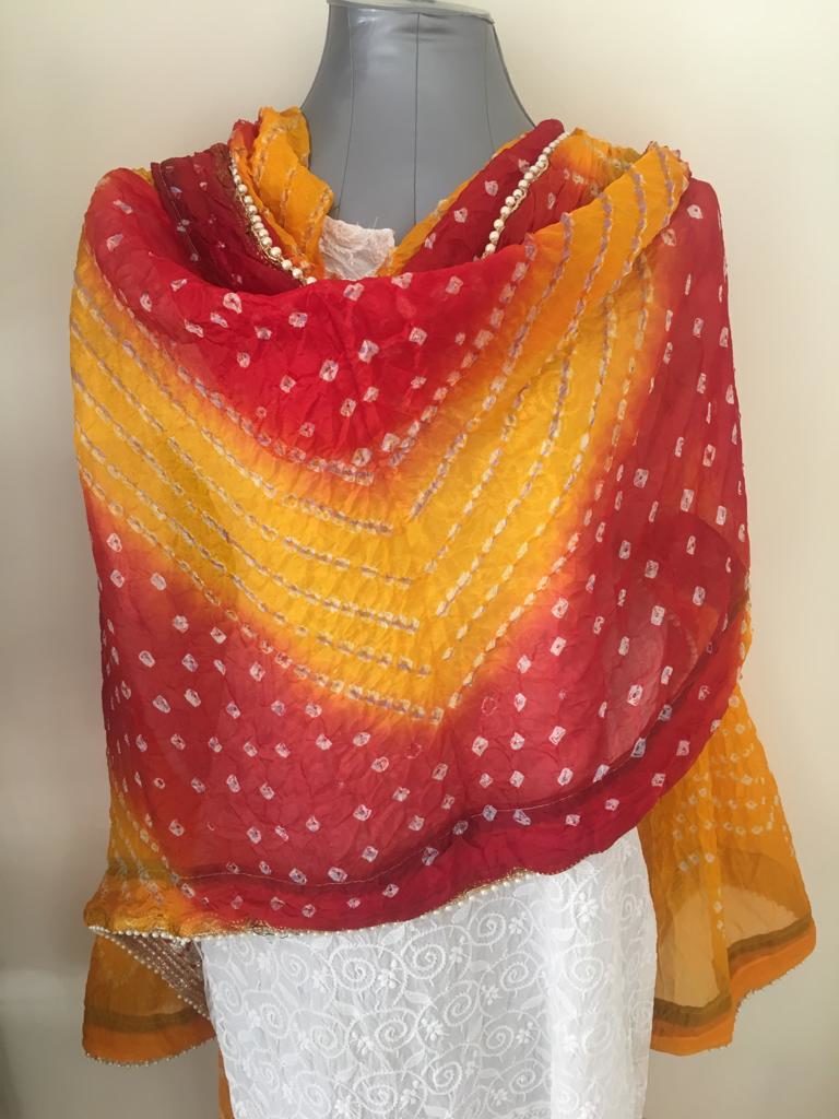 Red Orange  Bandhani Dupatta with jari border