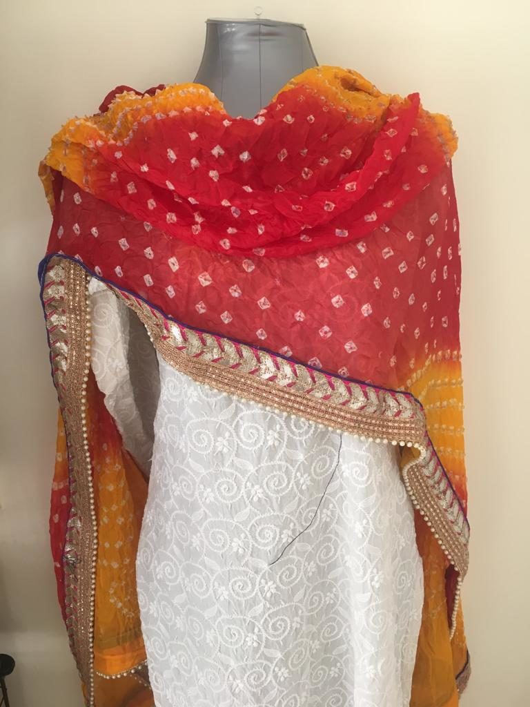 Red Orange  Bandhani Dupatta with jari border