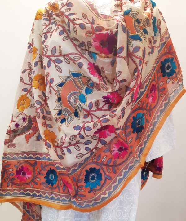 Phulkari Dupatta Chanderi Silk With Hand Embroidery And Kalamkari