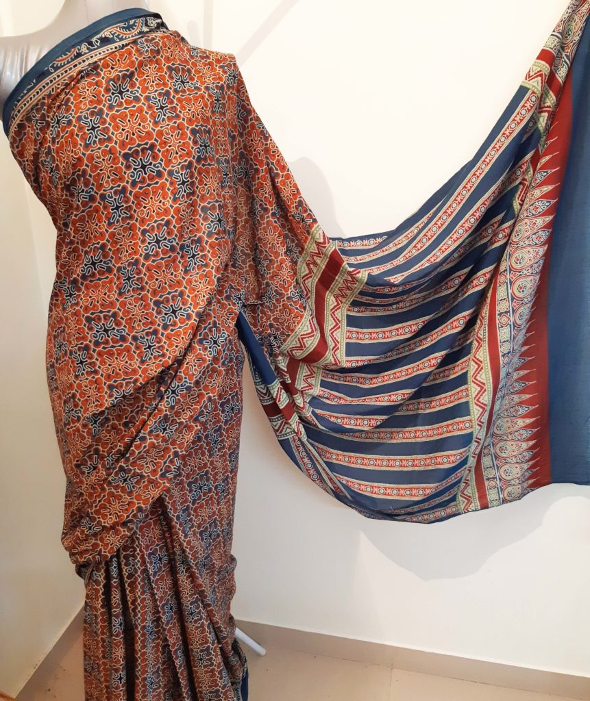 Indian hand block print Sarees - Pure Ajrakh Cotton Mull Saris