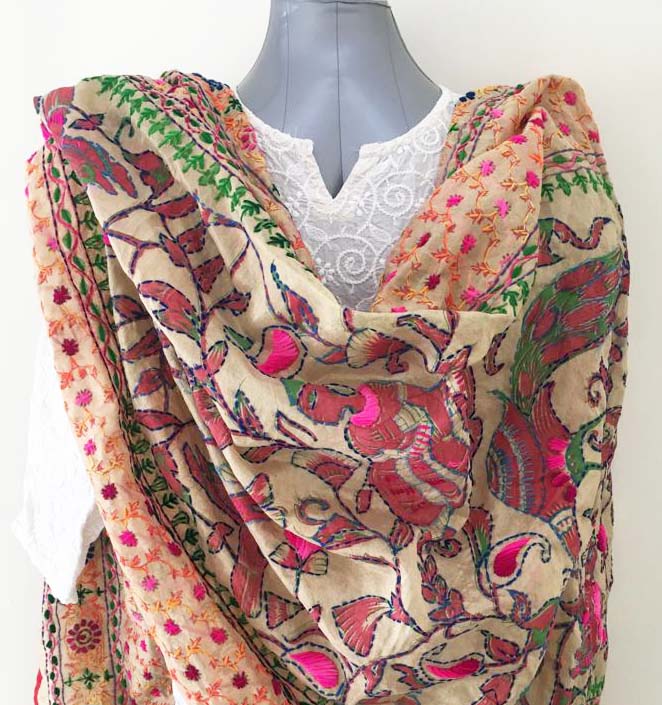 Hand Embroidered kantha work cotton dupatta, Available at Craftmagic