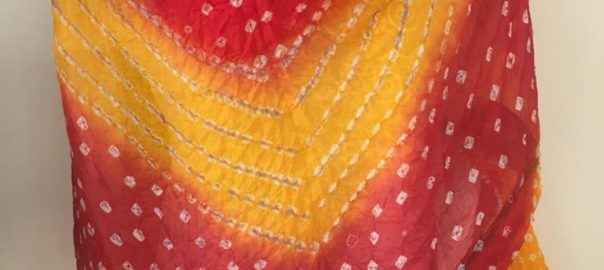 Red Orange  Bandhani Dupatta with jari border