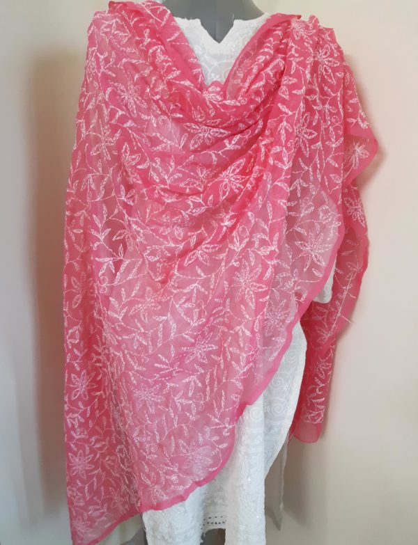 Chikankari Georgette Dupatta : Hot pink Color : Buy only at Craftmagic.in