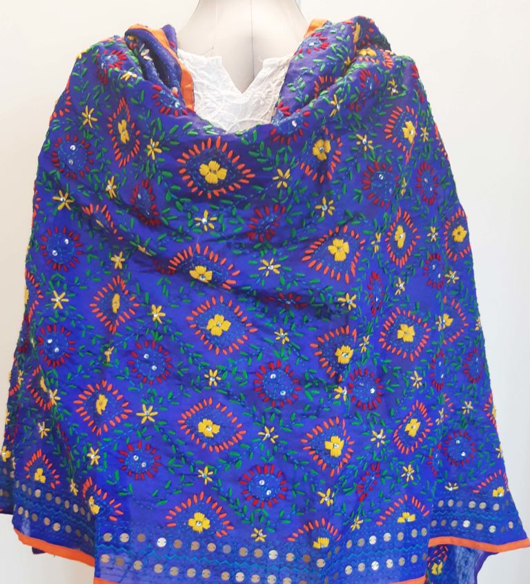 Phulkari Dupatta, Blue with kantha embroidery , Chanderi silk