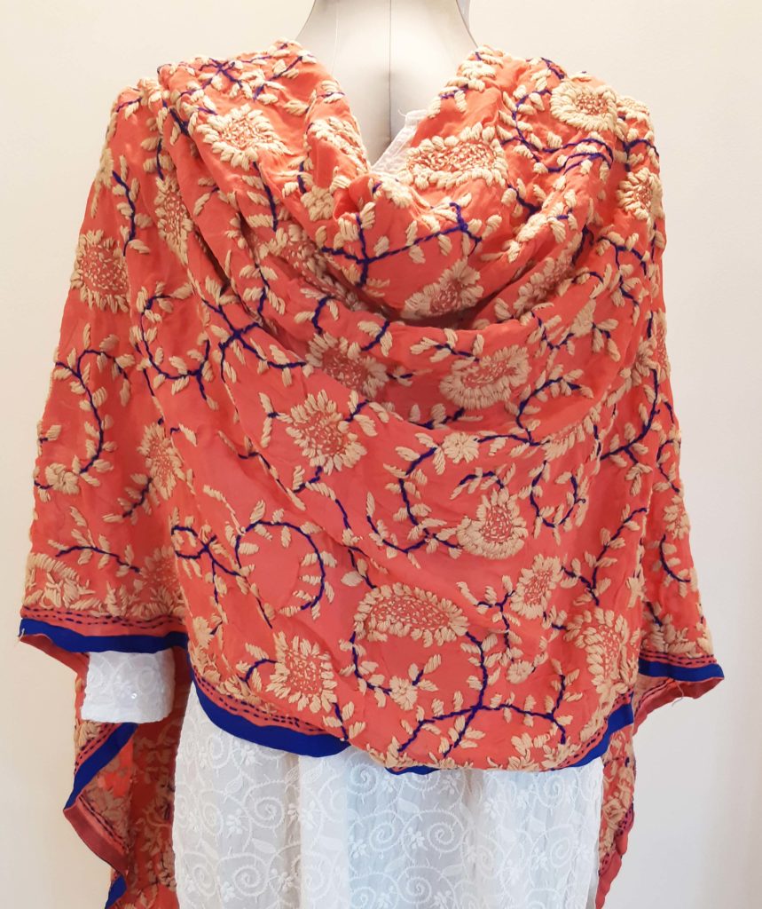 Phulkari Dupatta, Mauve color with kantha embroidery , Georgette