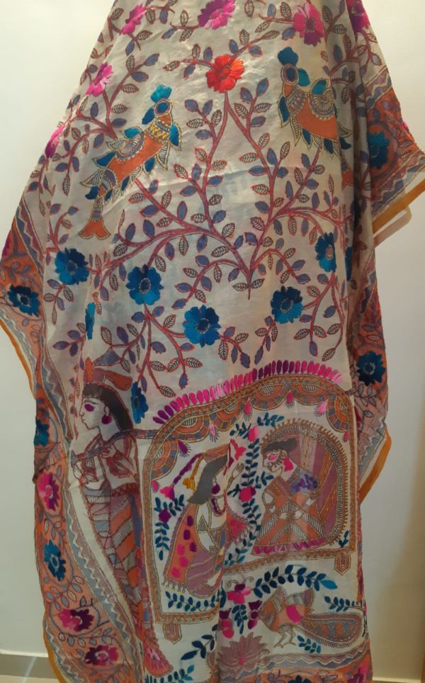 Phulkari Dupatta, chanderi silk with hand embroidery and kalamkari